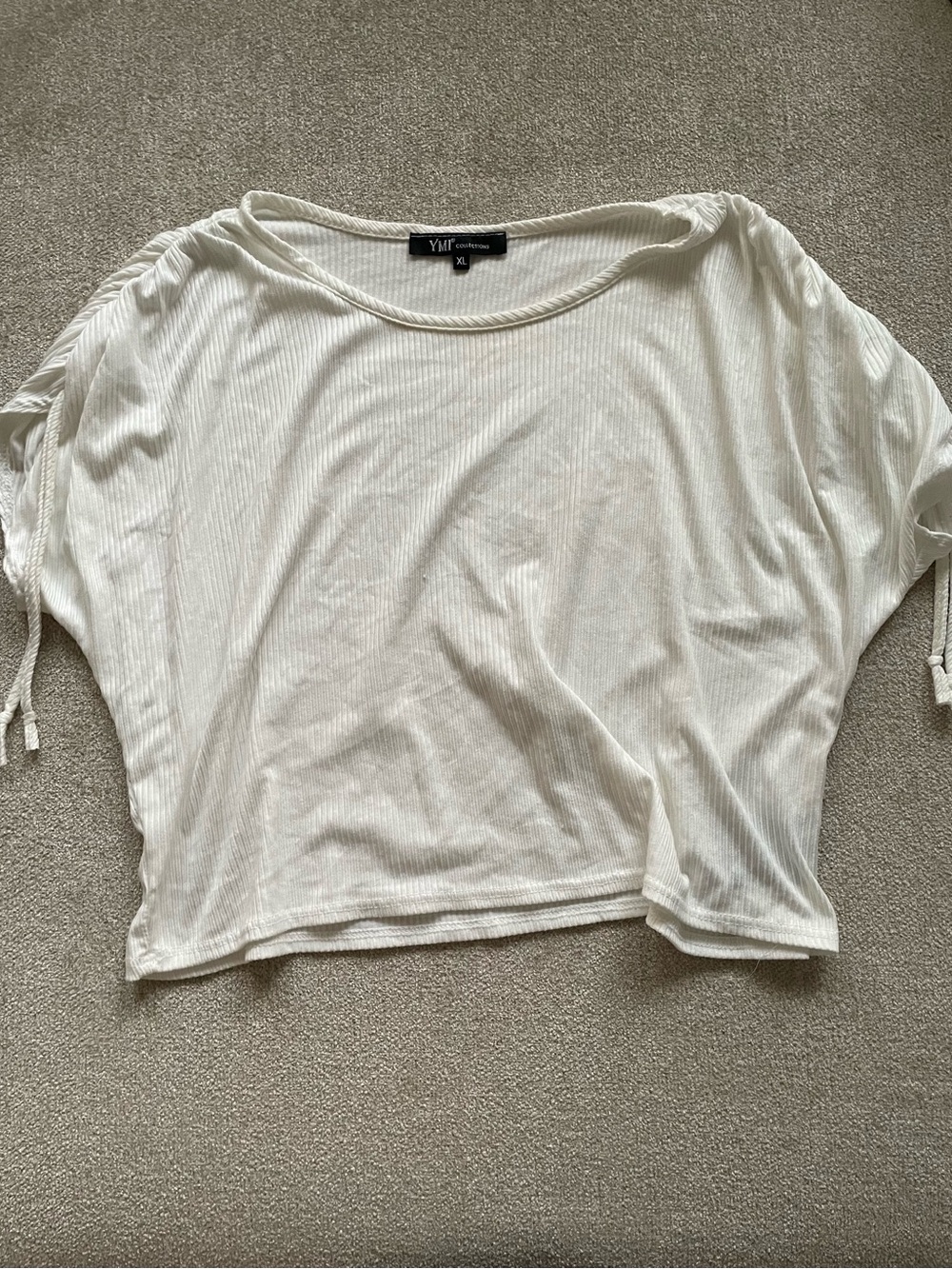 YMI Cream Ribbed Drawstring Sleeve Crop Top